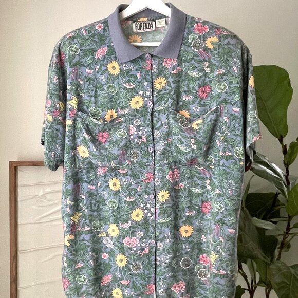 Women's Vintage 80's FORENZA Floral Button Front Polo Shirt Top Rayon Vtg Large - Picture 1 of 4